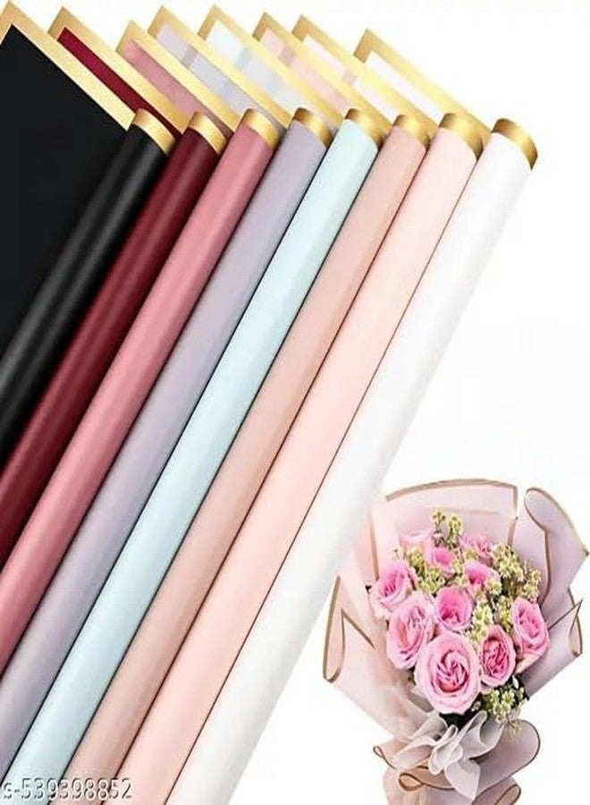 Unwrap Delights Pack of 10 Pcs Golden Border Line Flower Korean Wrapping Sheets,Flower Wrapper For Bouquet Flower Plastic Gift Wrapper (22.8 X 22.8 Inches) Multicolor - Image 1